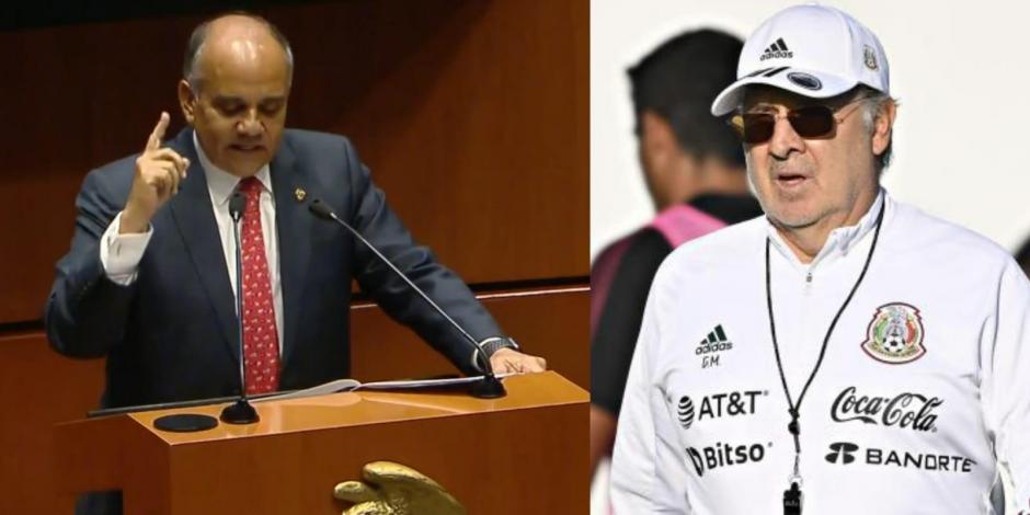 Manuel Añorve, vicecoordinador del PRI en el Senado (Izq.), pidió la renuncia de "El Tata" Martino, director técnico de la Selección (Der.).