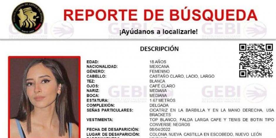 Ficha de búsqueda de Debanhi Escobar, joven desaparecida el pasado viernes en Nuevo León.