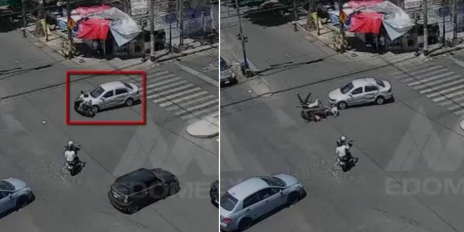 Cámaras del C5 en el Estado de México captaron el momento en el que el automóvil embiste a la motocicleta.