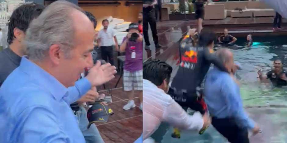 Felipe Calderón festeja con un "chapuzón" junto a Checo Pérez tras victoria  en Mónaco (VIDEO)