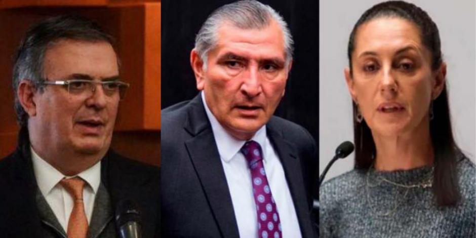 Senadores del PRI presentan queja ante el INE por actos anticipados de campaña de Ebrard (izq.), Augusto López (centro), Sheinbaum (der.).
