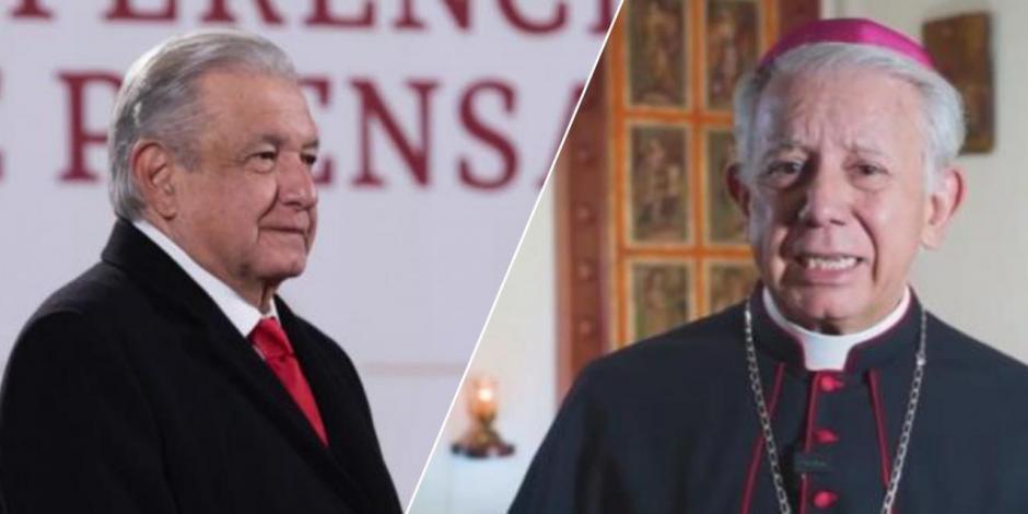 Tras críticas del Presidente López Obrador (Izq.), el monseñor Ramón Castro Castro (der.) asegura que Iglesia no es hipócrita. 
