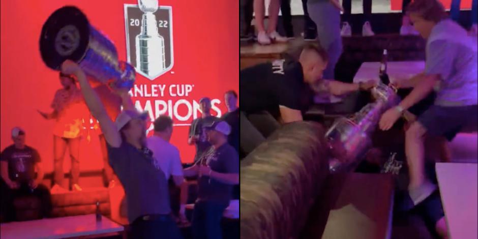Jugador de los Colorado Avalanche se cae celebrando con la Stanley Cup de la NHL