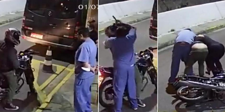 Pareja se defiende de presunto asaltante en moto y le propinan una golpiza  (VIDEO)