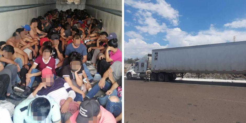 INM rescató a 127 migrantes hacinados en un tráiler sobre carretera federal de Coahuila.
