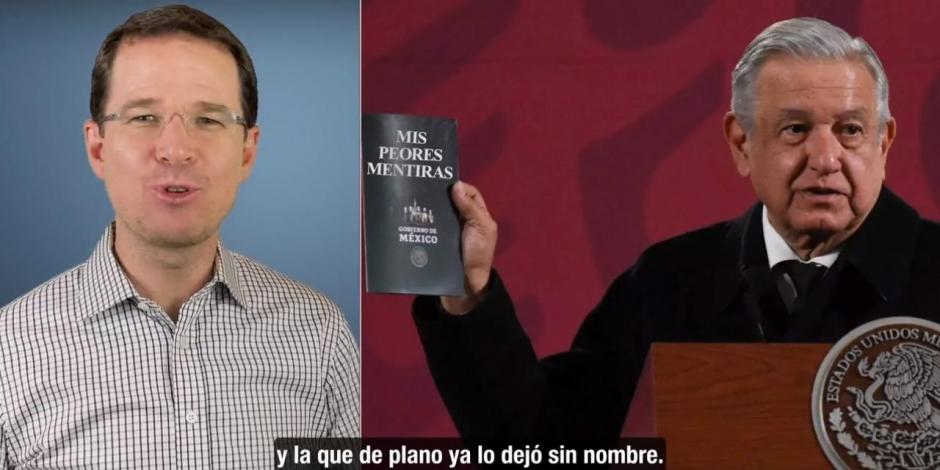 El excandidato presidencial del PAN, Ricardo Anaya, muestra las cinco promesas incumplidas que "han dejado sin nombre" al Presidente Andrés Manuel López Obrador