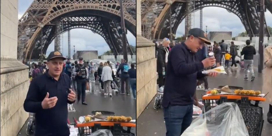 Hombre vende elotes frente a la Torre Eiffel. Foto: Especial