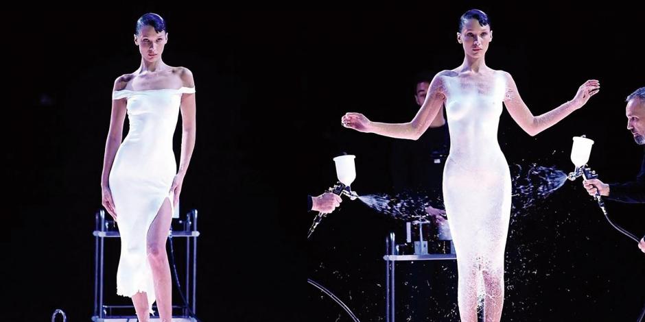 Bella Hadid usó un vestido con tela de aerosol creado por la firma Coperni.