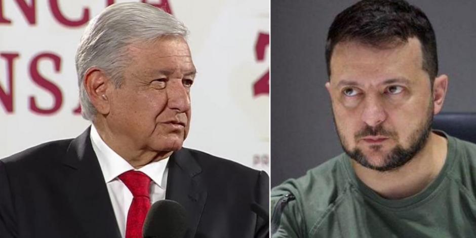 El Presidente López Obrador (izq.) criticó la postulación del mandatario ucraniano Volodimir Zelenski (der.) al Premio Nobel de la Paz.