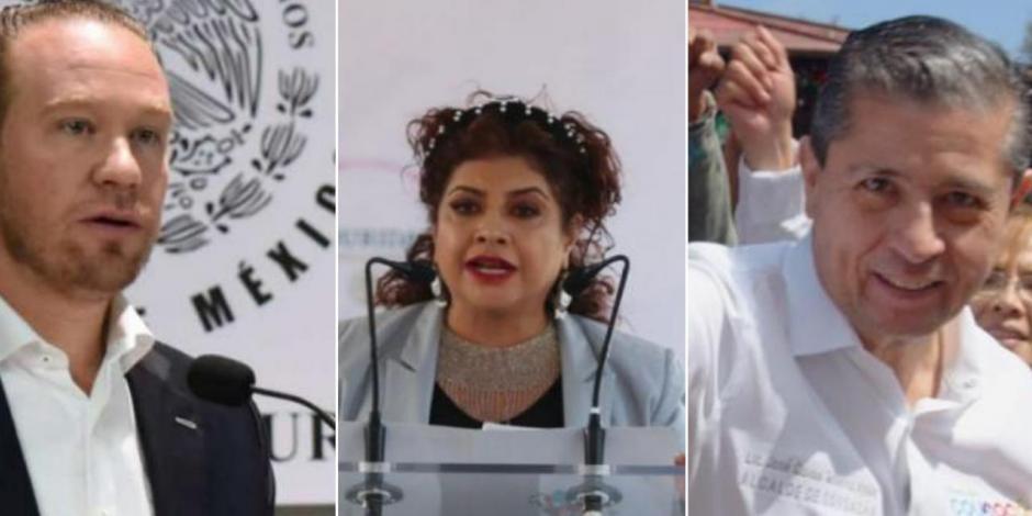 Santiago Taboada (izq.), Clara Brugada (centro) y Giovani Gutiérrez (der.) encabezan la lista de los alcaldes de CDMX mejor evaluados. 