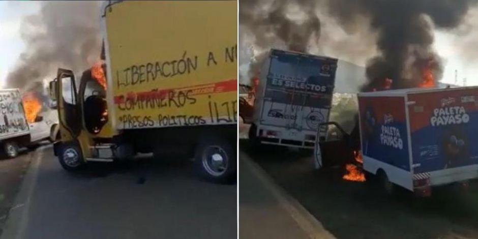 Normalistas incendian autos en Michoacán para exigir liberación de sus compañeros.
