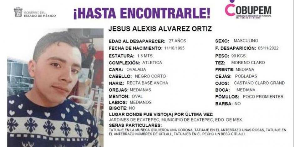 Señas particulares de Alexis Álvarez, joven desaparecido desde el 5 de noviembre en Ecatepec, Edomex.