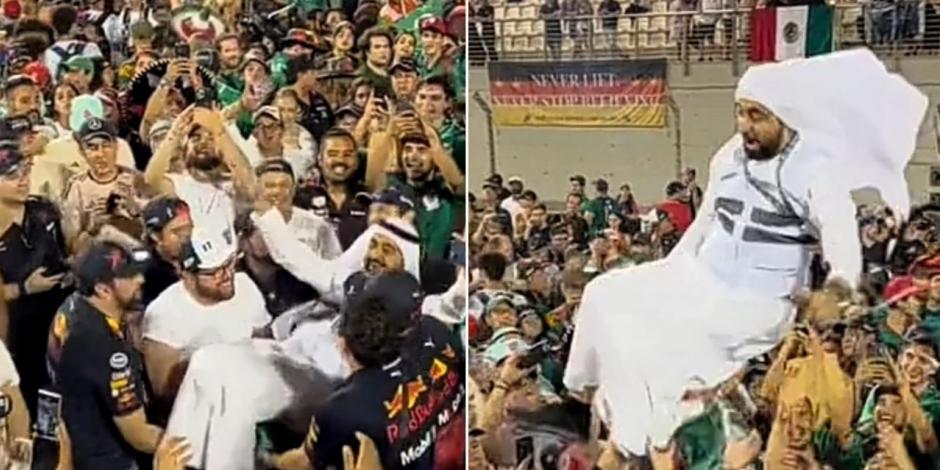 Aficionados mexicanos cargan y lanzan al aire a ciudadano de Qatar, país sede de la Copa del Mundo 2022.