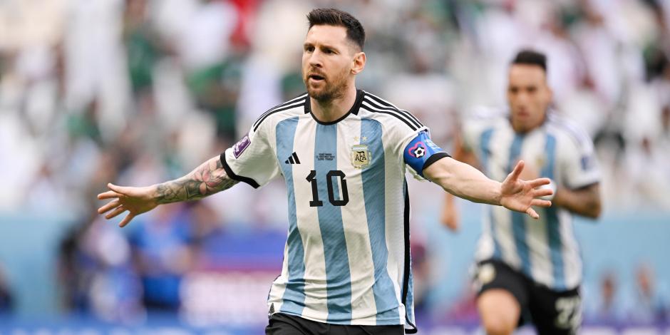 Leo Messi celebra su gol en el Argentina vs Arabia Saudita del Grupo C de la Copa del Mundo Qatar 2022, en el Estadio Lusail, 22 de noviembre de 2022.