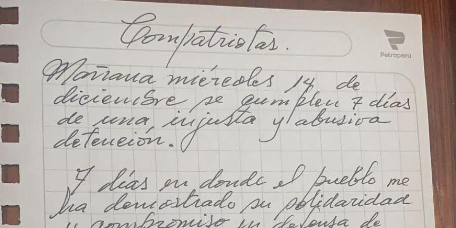 Carta de puño y letra de Pedro Castillo.