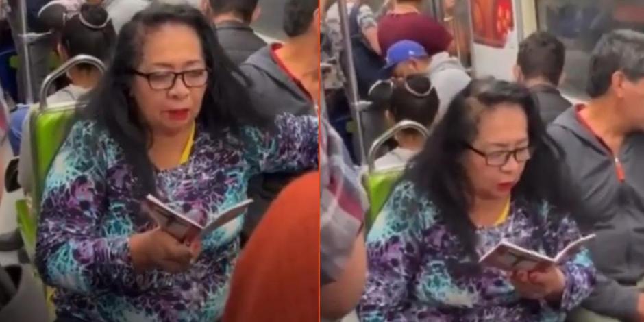 Mujer lee el rosario mientras viaja en el Metro de la Ciudad de México.