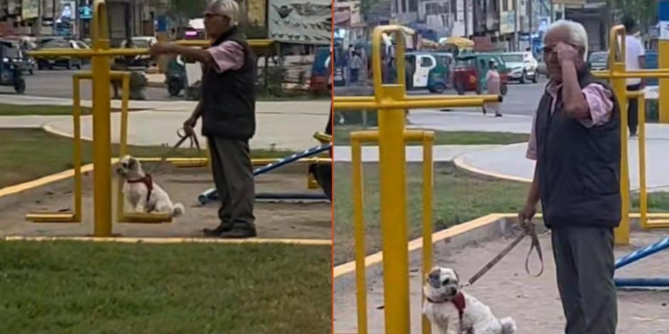 Abuelito acompaña a su perrito a columpiarse al parque.