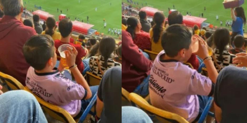 Niño se hace viral al tomarse una cerveza en el Estadio Morelos.