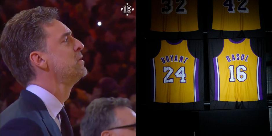 Pau Gasol conmovido durante la ceremonia de retiro de su número '16' con los Lakers.