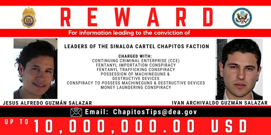 La DEA actualizó en redes sociales su ofrecimiento de recompensa por Los Chapitos.