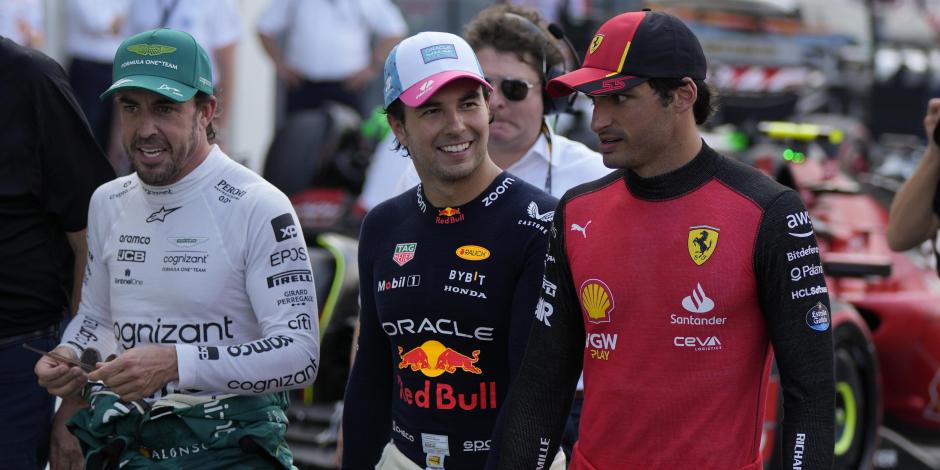 Fernando Alonso, Checo Pérez y Carlos Sainz, después de la clasificación del Gran Premio de Miami de F1.
