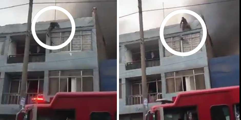 La secuencia de imágenes muestra el momento en que un indigente trepa la fachada de una vivienda en llamas para ayudar a 25 peeros en peligro por las llamas