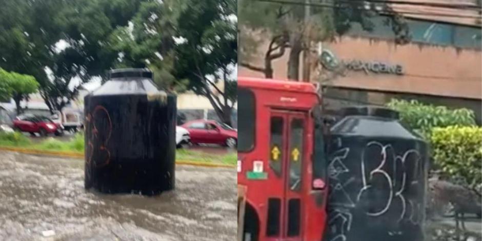 Tinaco de 5 mil litros navega en avenida inundada y choca contra un autobús.