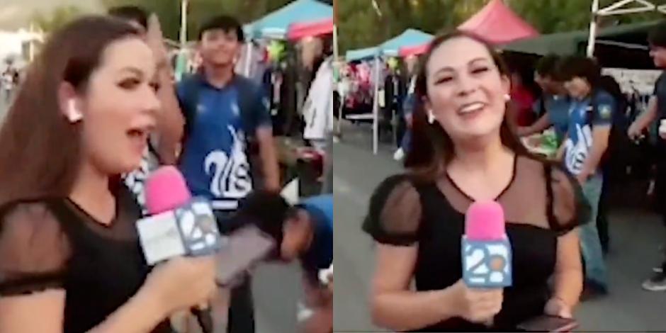 Katy Martínez se sorprendió luego de que un seguidor de Tigres le bajó el pantalón a un amigo mientras realizaba un reportaje en las calles de Monterrey.