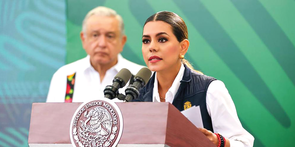 Evelyn Salgado en conferencia matutina del Presidente López Obrador, ayer, en Acapulco.