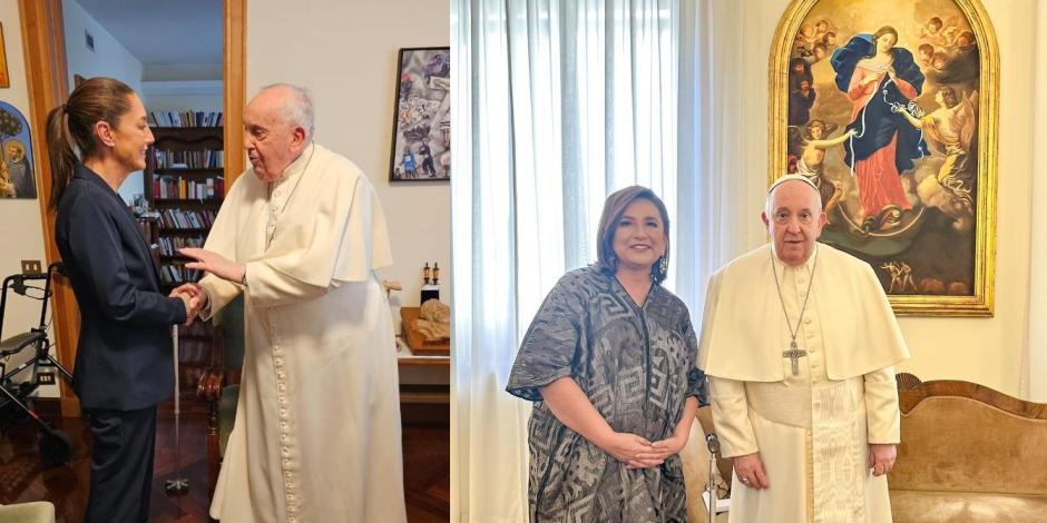 Claudia Sheinbaum, ayer, en el despacho privado del Papa; Xóchitl Gálvez, el miércoles en audiencia con el jefe del Vaticano.