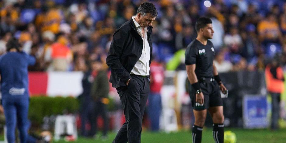 Robert Dante Siboldi se lamenta durante un juego de Tigres en el Torneo Clausura 2024 de la Liga MX.