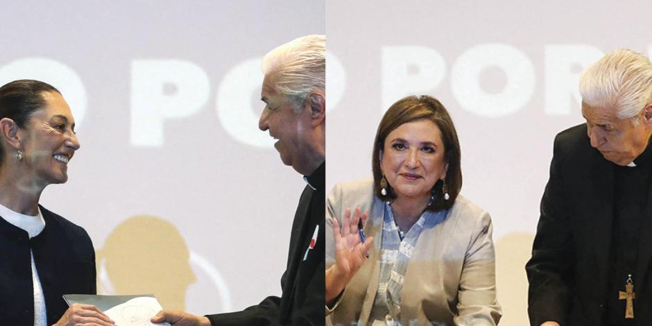 La candidata de Morena con Rogelio Cabrera de la CEM y la abanderada del Frente, al firmar la agenda de paz.