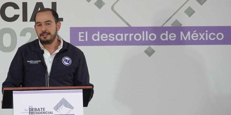Marko Cortés, presidente del PAN, durante su llegada al Segundo Debate Presidencial en las instalaciones de Estudios Churubusco.
