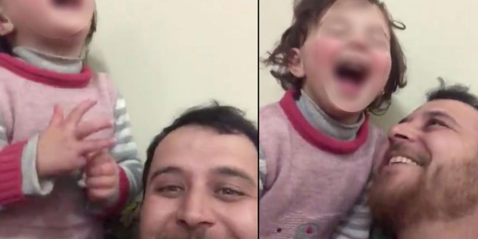Padre sirio enseña a su hija a reírse de los bombardeos (VIDEO)