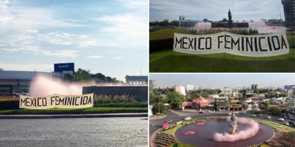 Por feminicidios, tiñen de rojo agua de La Minerva en Guadalajara