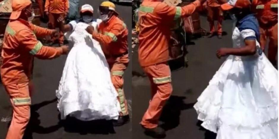 Trabajadores de limpia encuentran vestido y arman baile de XV años (VIDEO) 😂