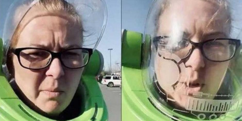 Mujer sale a comprar con casco de Buzz Lightyear; no tenía cubrebocas (VIDEOS)