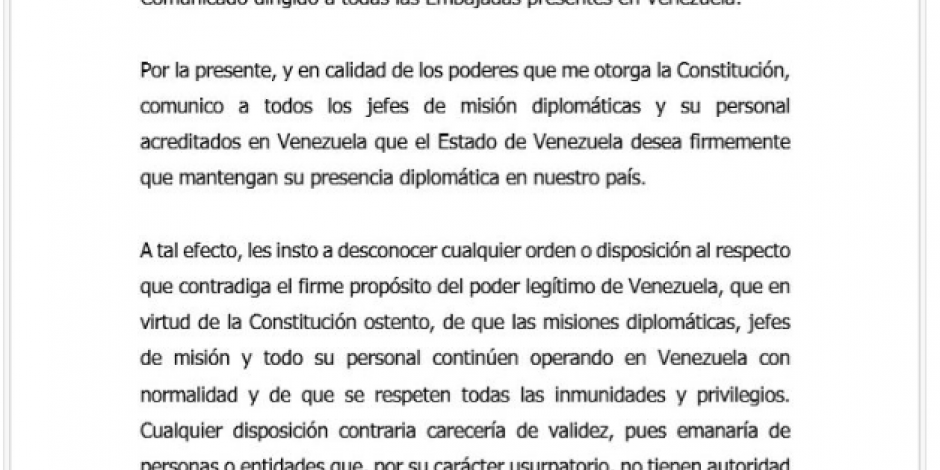 Juan Guaidó llama a las embajadas en Venezuela a mantenerse en el país