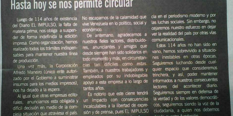 Tras 114 años, deja de circular el diario venezolano “El Impulso” por falta de papel