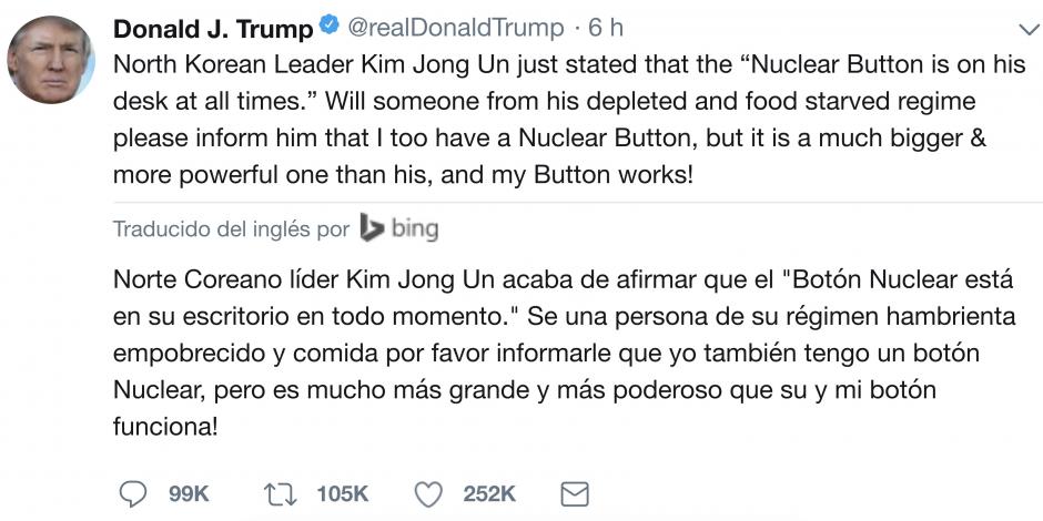 Mi botón nuclear es más grande: Trump a Kim Jong-Un