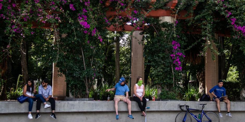 Vecinos de la Colonia Condesa salen con cubrebocas al Parque México como parte de la nueva normalidad.