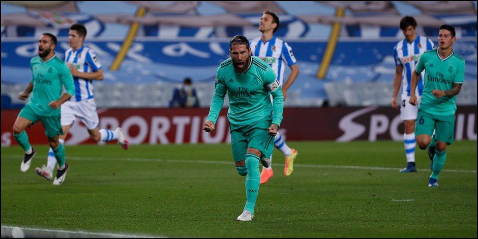 Sergio Ramos celebra su anotación en el partido ante la Real Sociedad.