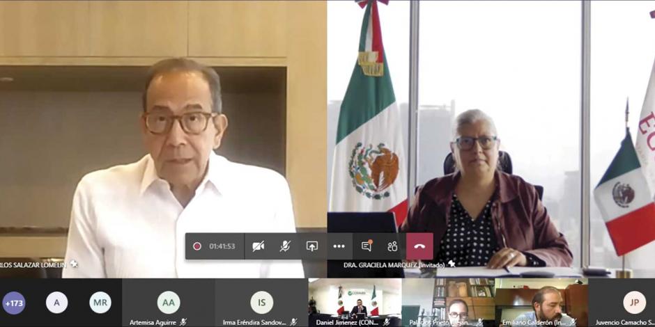 Carlos Salazar, presidente del CCE, en una videollamada con la secretaria de Economía, Graciela Márquez, en foto de archivo.