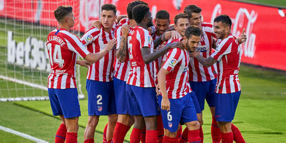Jugadores del Atlético de Madrid festejan un tanto de esta temporada en LaLiga de España.