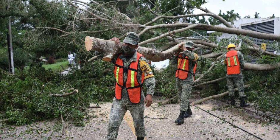 Elementos del Ejército realizan labores para liberar carreteras afectadas en el sureste por el paso del huracán "Delta".