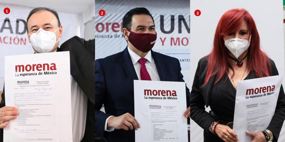 Alfonso Durazo (1), Cruz Pérez (2) y Layda Sansores (3) presentan el documento que avala su interés por contender por la gubuernatura de Sonora, Chihuahua y Campeche, respectivamente.