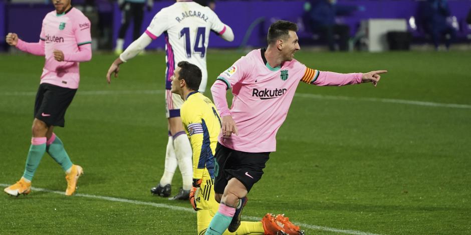 Messi festeja su tanto ante el Valladolid, con el cual llegó a 644 dianas con el Barcelona.
