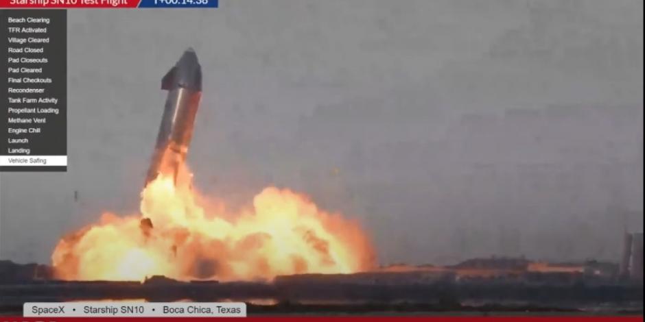 La nave SN10 de SpaceX tuvo una explosión luego de conseguir despegar y aterrizar en su segunda prueba del día.