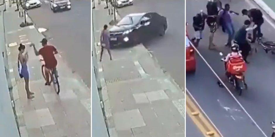 Un sujeto atropelló a un joven ciclista de 23 años que acababa de robarle el celular a su novia, quien se encontraba en la calle en Vila Velha, en Brasil.