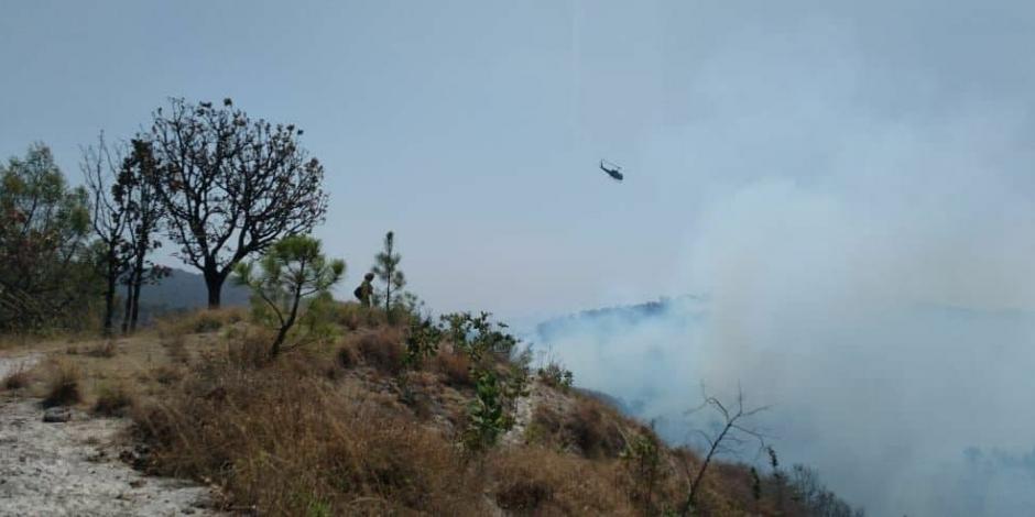 Combaten fuerte incendio forestal en Jalisco.